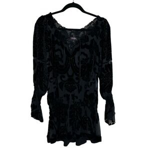 Hale Bob Silk Blend Velvet Burnout Peplum Top Size XS Black Gothic Dark Romantic